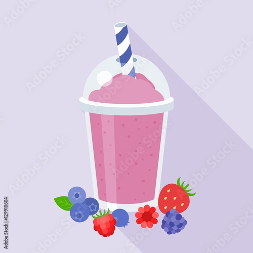 mixed berry smoothie vector illustration and blueberry, black currant, red currant, raspberries, blackberry, blend juice in plastic glass, flat design with long shadow