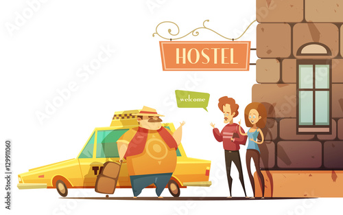 Hostel Design Concept  With Managers Welcoming Tourist
