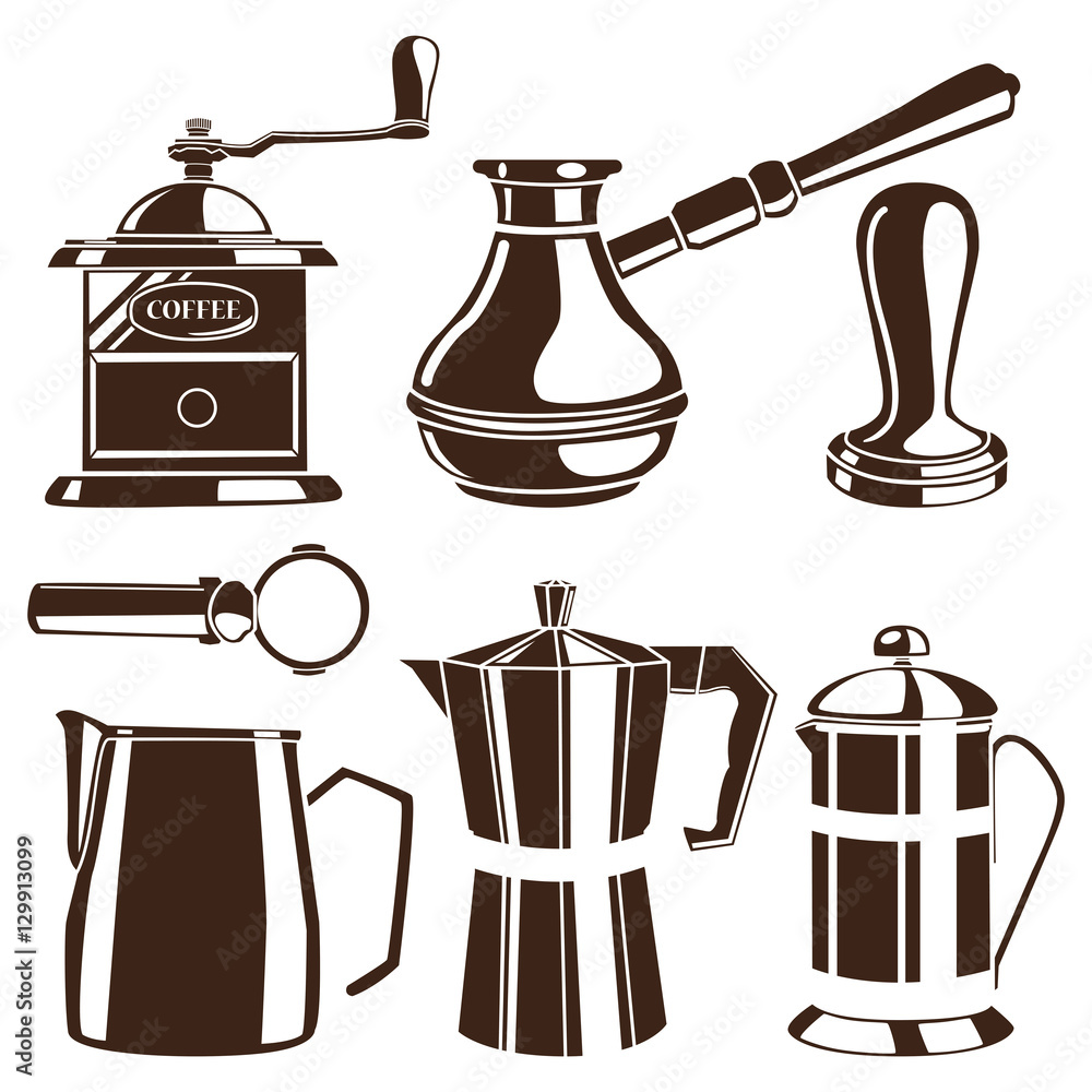 Set of white hand drawn coffee cups and french press on black ch Set of white hand drawn coffee cups and french press on black ch