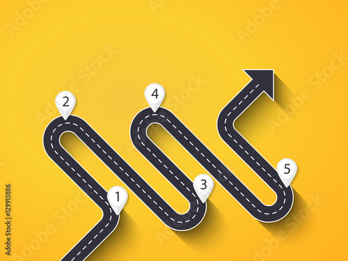 Road way location infographic template with a phased structure. Winding road in the form of arrows. Vector EPS 10