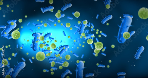bacteria, virus, cell flowing on blue background