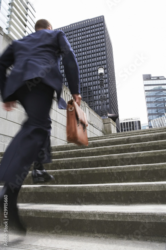 Fotografie Full length rear view of a businessman with briefcase ascending steps