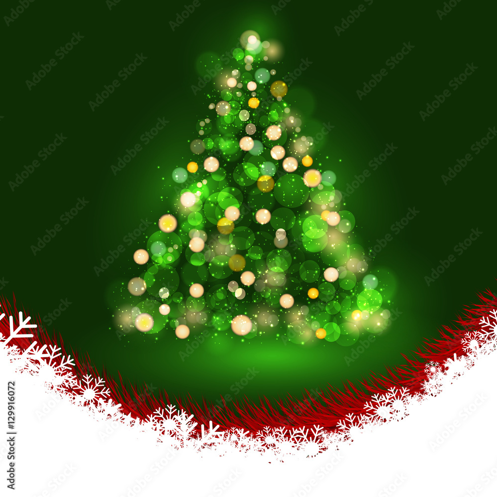 Merry christmas tree bokeh and snow, christmas leaf on backgroun Merry christmas tree bokeh and snow, christmas leaf on backgroun