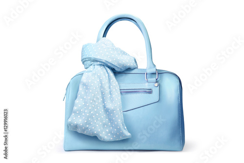 Stylish women's accessories. Beautiful set of women's handbag and scarf on a white background. Medium sky blue, pale turquoise