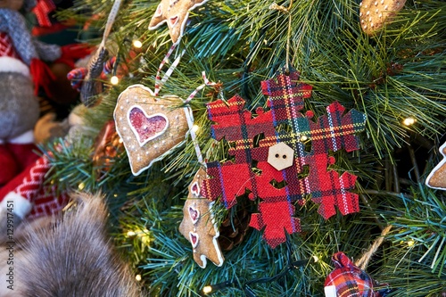 Christmas toys and tree decorations gift at Traditional Christmas market in the center of City of Edinburgh, Scotland 