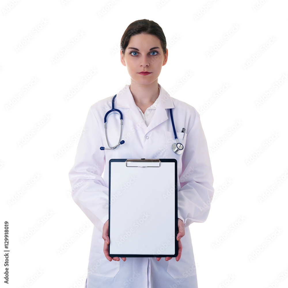 Female doctor assistant scientist in white coat over isolated background Female doctor assistant scientist in white coat over isolated background