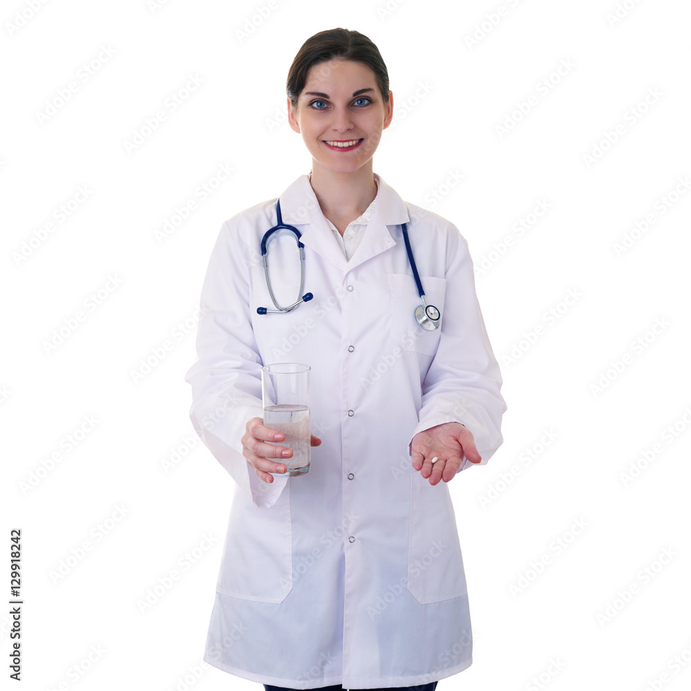 Female doctor assistant scientist in white coat over isolated background Female doctor assistant scientist in white coat over isolated background