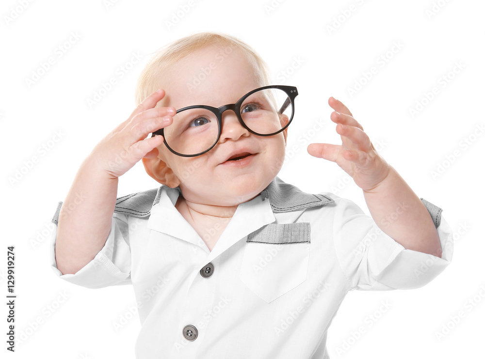 Cute baby boy wearing glasses on white background Cute baby boy wearing glasses on white background