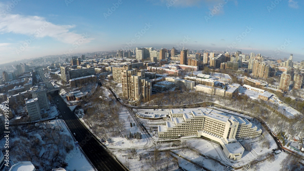 Kiev winter, Pechersk skyscrapers, aerial view,