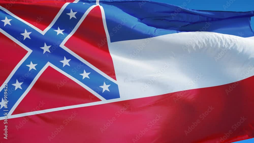 Mississippi (U.S. state) flag waving in slow motion against blue sky, seamlessly looped, close up, isolated on alpha channel with black and white matte, perfect for film, news, composition Mississippi (U.S. state) flag waving in slow motion against blue sky, seamlessly looped, close up, isolated on alpha channel with black and white matte, perfect for film, news, composition