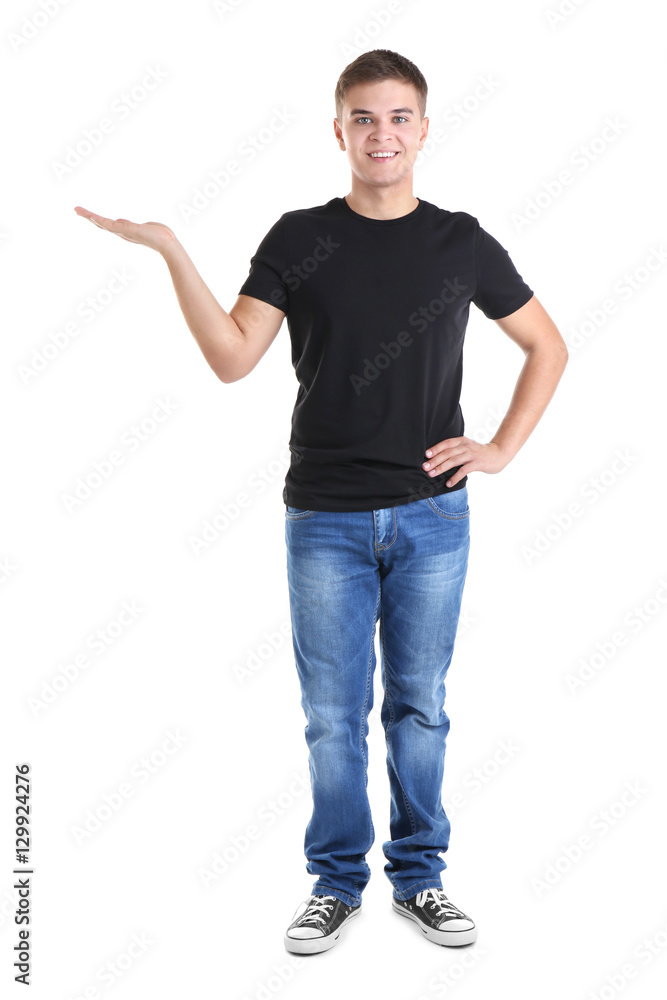 Handsome young man in blank black t-shirt on white background Handsome young man in blank black t-shirt on white background