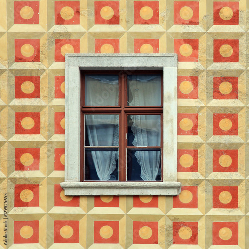 Photography windows in painted wall of old house, Budapest, Hungary