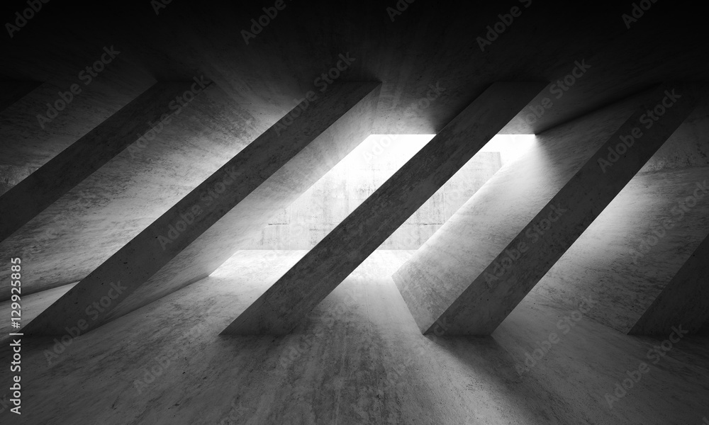 Fototapeta 3 d ciemne wnętrze z betonu z kolumnami po przekątnej