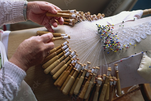 Close-up of the hands of a palilleira, a lace maker, in the famous lace making village of Camarinas in Galicia, Spain