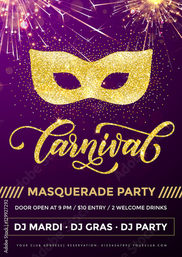 Masquerade party poster. Mardi Gras golden mask carnival