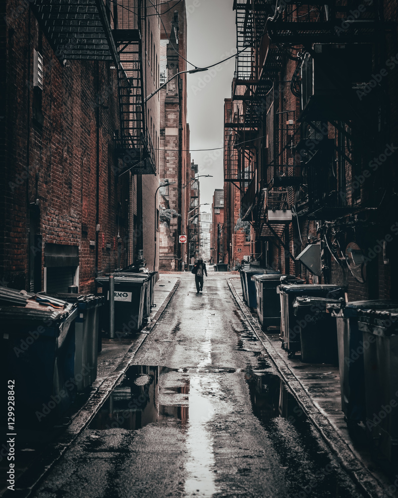 Dark alley in Boston, Massachusetts.
