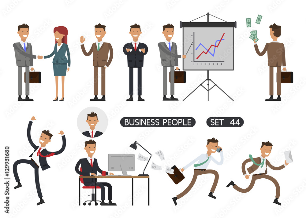 Working people on white background. Vector illustration. Different movements. Create a scene. Business people set 44.