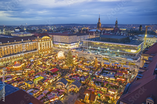 Striezelmarkt Christmas market at night in Dresden, Germany