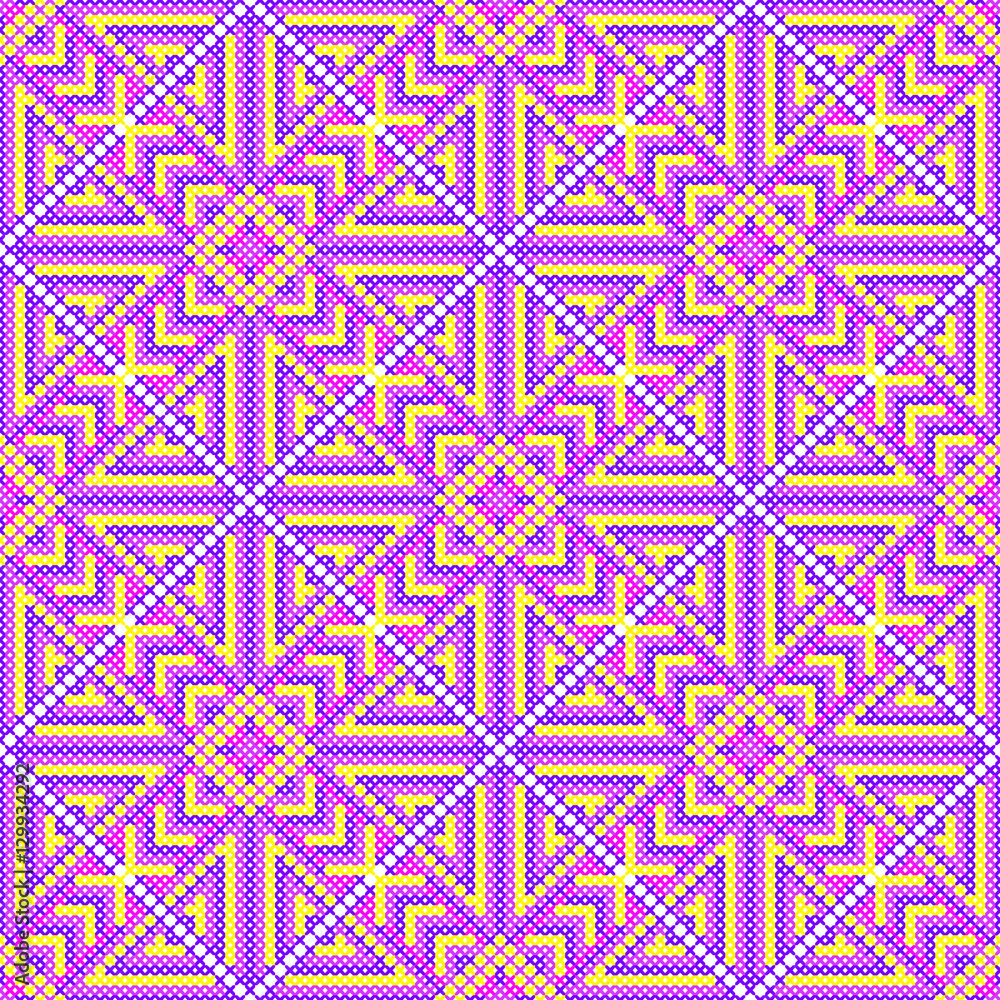 Cross stitch seamless pattern. Embroidery background. Needlework ornament. Bright purple picture. Geometric patterns. Vector illustration.