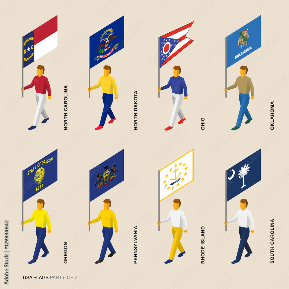 Set of isometric 3D USA standard bearers. Flags of North Carolina