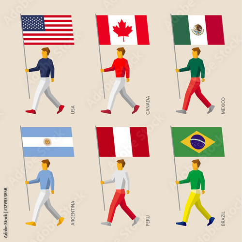 Set of simple flat people with flags of American countries. Standard bearers infographic - United States, Canada, Mexico, Argentina, Peru, Brazil.