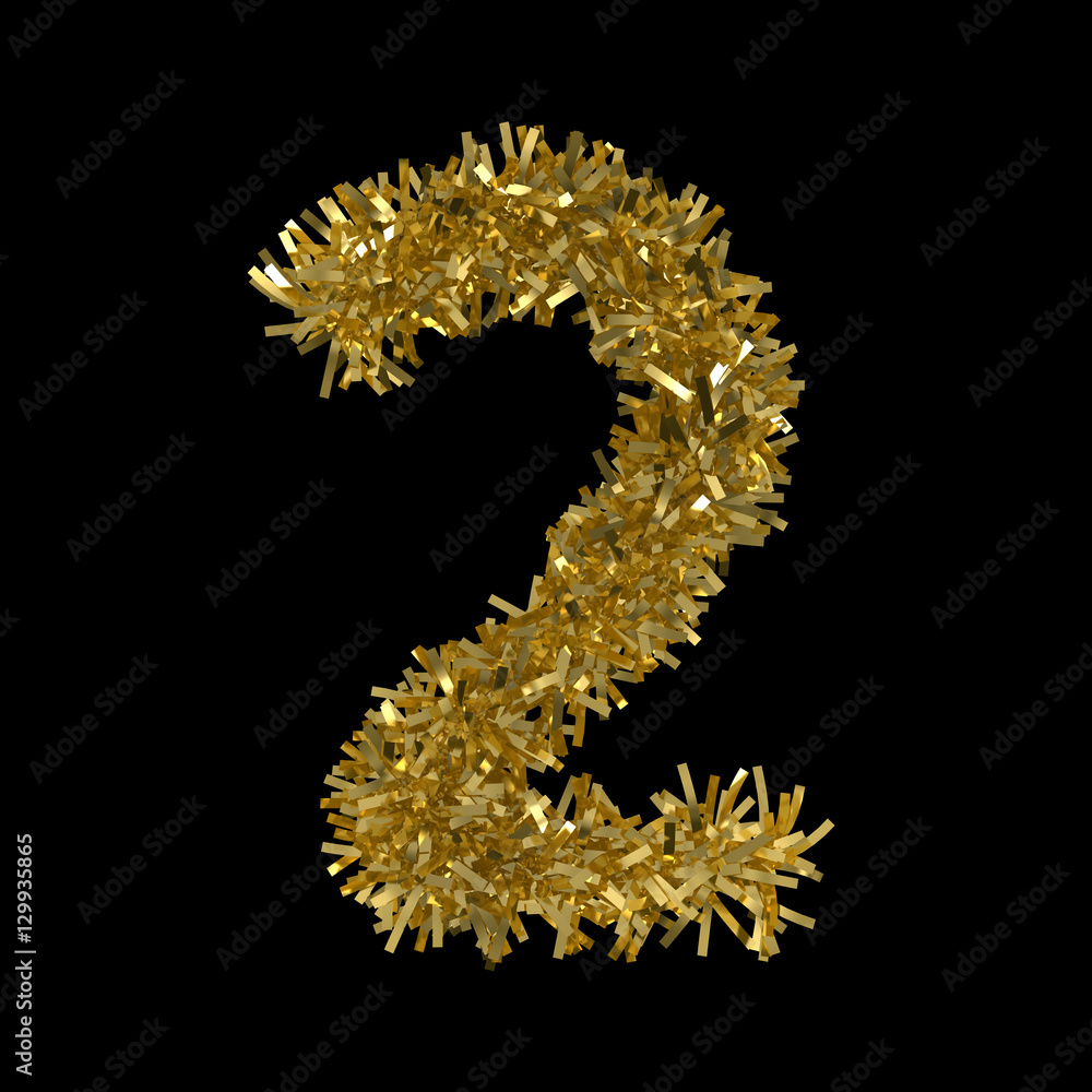 Number Two made from Gold Christmas Tinsel Isolated on Black - 3D Illustration Number Two made from Gold Christmas Tinsel Isolated on Black - 3D Illustration