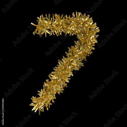 Number Seven made from Gold Christmas Tinsel Isolated on Black - 3D Illustration