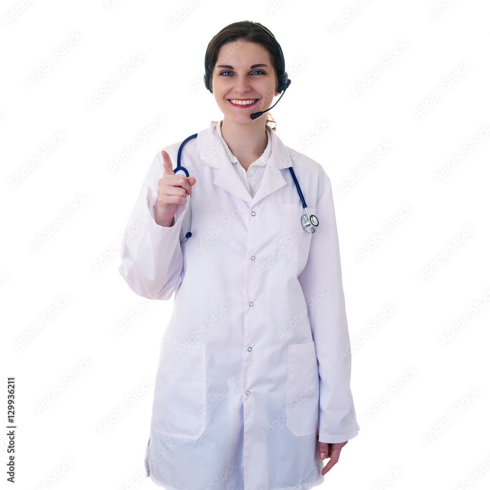 Female doctor assistant scientist in white coat over isolated background Female doctor assistant scientist in white coat over isolated background