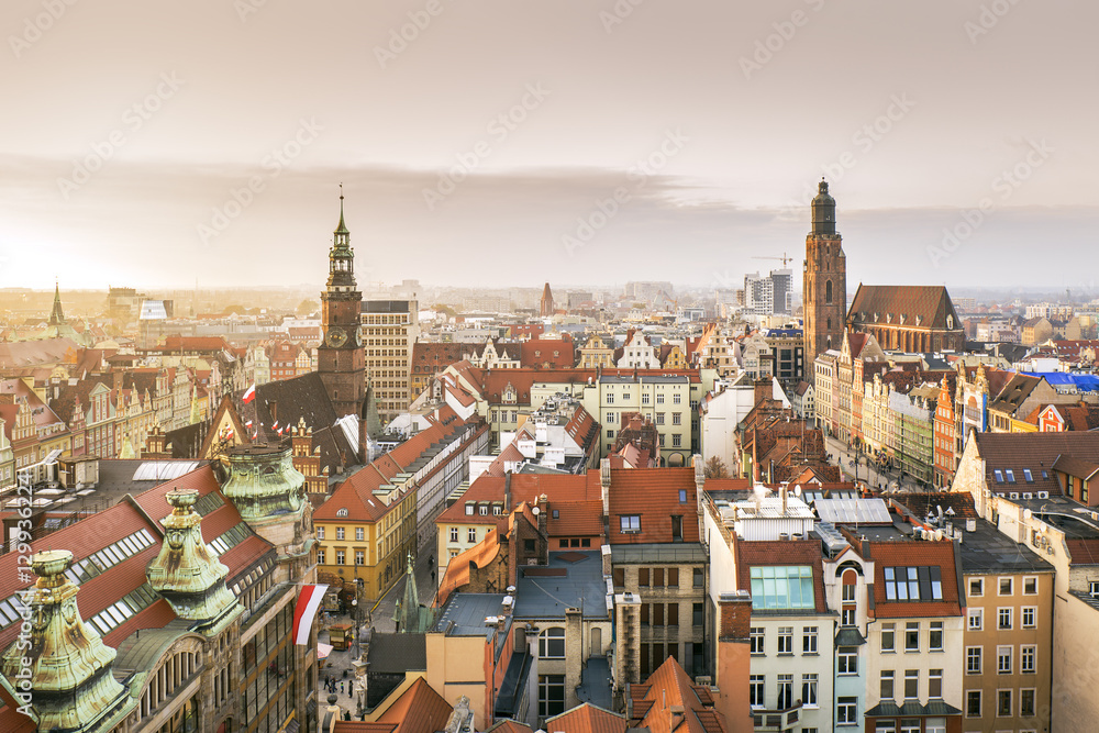 Panorama of Wroclaw Old Town at sunset, Poland