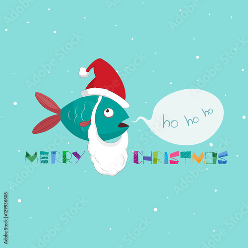 Marine fish on a Christmas theme. Beard and hat of Santa Claus. Text Merry Christmas. Vector illustration  isolated on background. For holiday cards and invitations and prints.