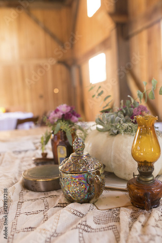 Fall Wedding Centerpieces with Pumpkins and Vintage Pieces