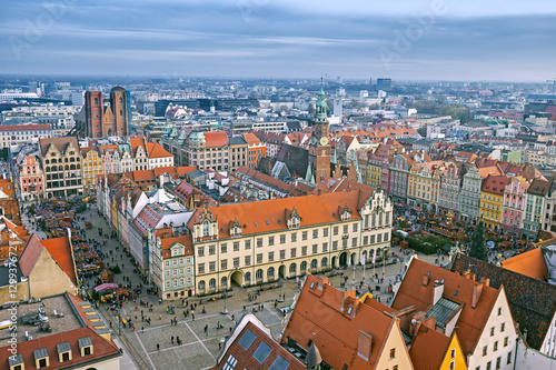 Aerial view of Market Square with Christmas Fair on it and Town Hall in Wroclaw, Poland