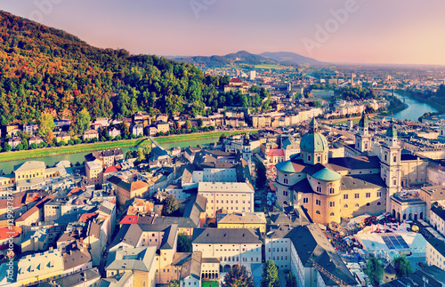 Aerial panoramic view of the historic city of Salzburg with Salz