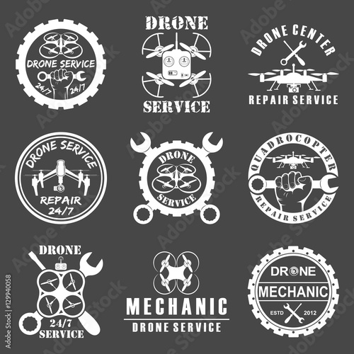 Set of drone logos, badges, emblems and design elements.