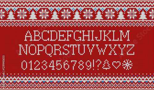 Christmas font. Knitted latin alphabet on seamless knitted pattern with snowflakes and fir. Nordic fair isle knitting, winter holiday sweater design. Vector Illustration.