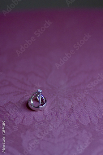 Wedding Rings on a Mauve Pink Damask Pattern Fabric