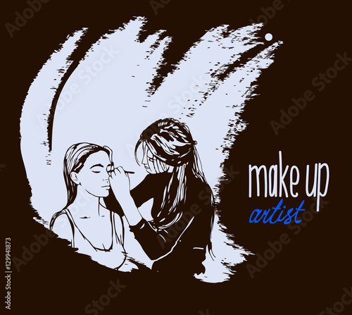 Woman visagist makeup artist paints on the face of his client. Illustration 
