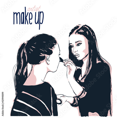 Woman visagist makeup artist paints on the face of his client. Illustration 