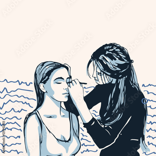 Woman visagist makeup artist paints on the face of his client. Illustration 