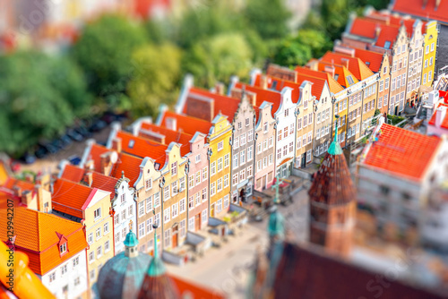 Aerial cityscape view on the old town with beautiful coorful buildings in Gdansk, Poland. Image with tilt-shift blurred effect