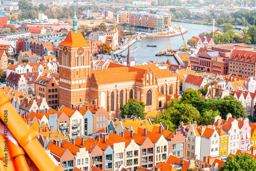 Obraz Aerial cityscape view on the old town with saint John's cathedral in Gdansk, Poland