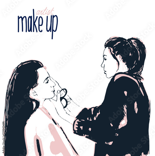 Woman visagist makeup artist paints on the face of his client. Illustration 

