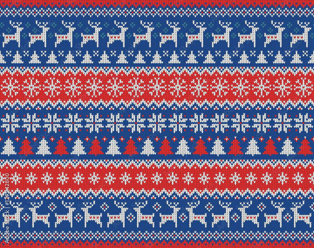 Merry Christmas and New Year seamless knitted pattern with Christmas balls, snowflakes and fir. Scandinavian style. Winter Holiday Sweater Design. Vector Illustration. Merry Christmas and New Year seamless knitted pattern with Christmas balls, snowflakes and fir. Scandinavian style. Winter Holiday Sweater Design. Vector Illustration.