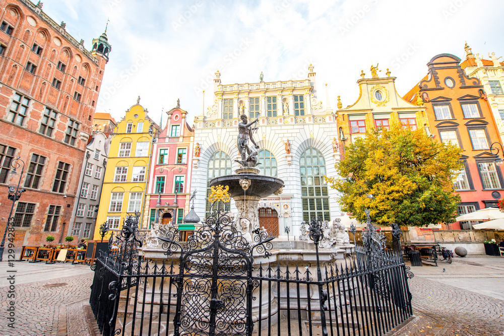 Famous Neptune fountain in the center of the old town of Gdansk, Poland