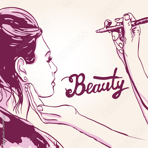 Woman visagist makeup artist paints on the face of his client. Illustration 