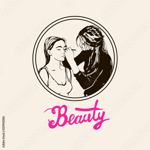 Woman visagist makeup artist paints on the face of his client. Illustration 
