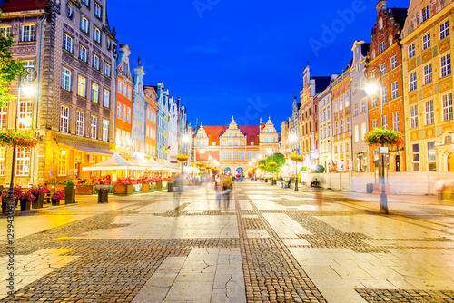 Night view on the illuminated market square in the old town center of Gdansk, Poland