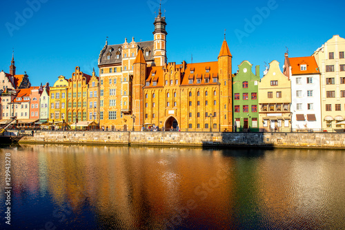 Morning view on the riverside of Motlawa river with beautiful buildings of the old town in Gdansk, Poland © rh2010