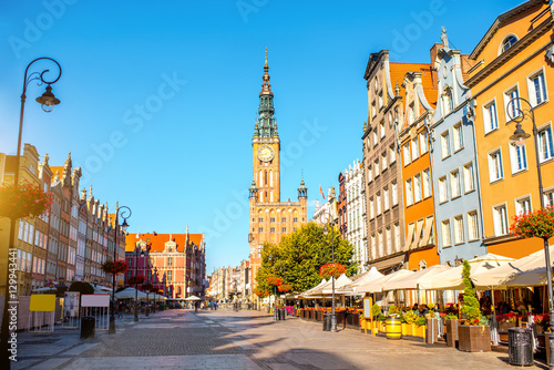 Morning view on the central street with town hall in the center of the old town of Gdansk, Poland