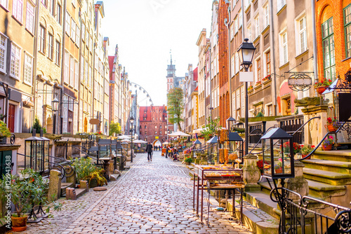 Street view with shops and cafes in th eold town of Gdansk, Poland photo